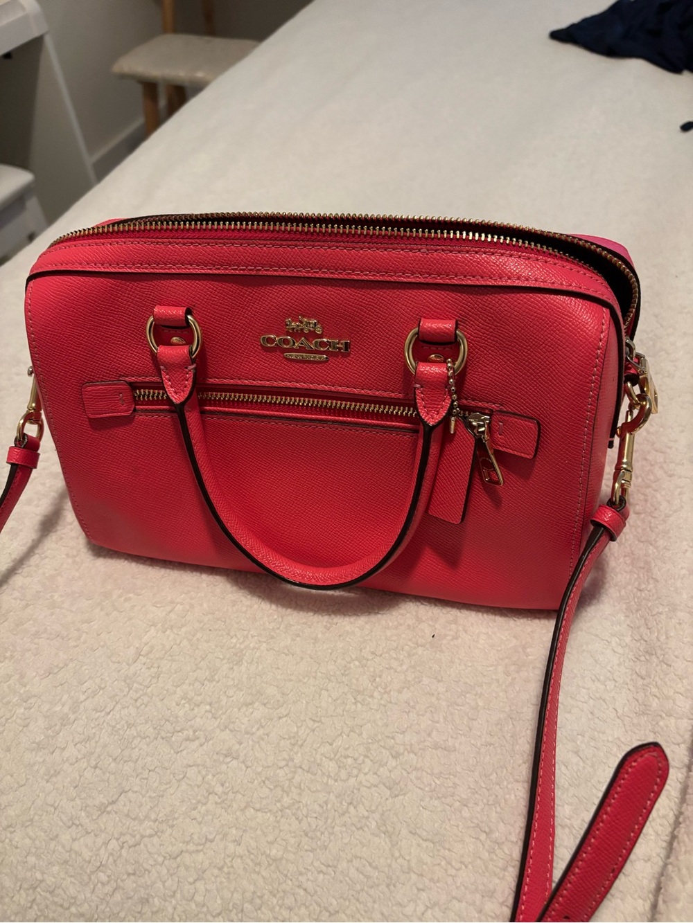 Coach Coral Pink Saffiano Satchel with Gold Hardware